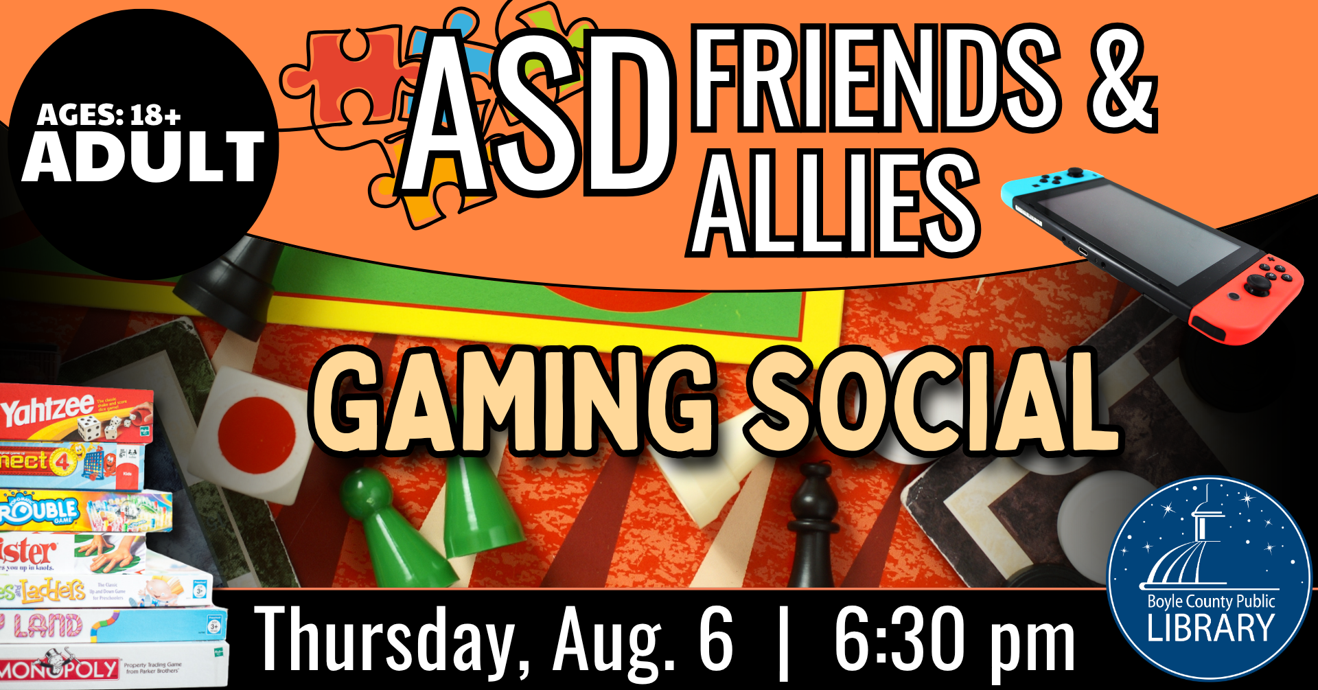 ASD Friends and Allies Gaming Social on August 6 at 6:30 PM