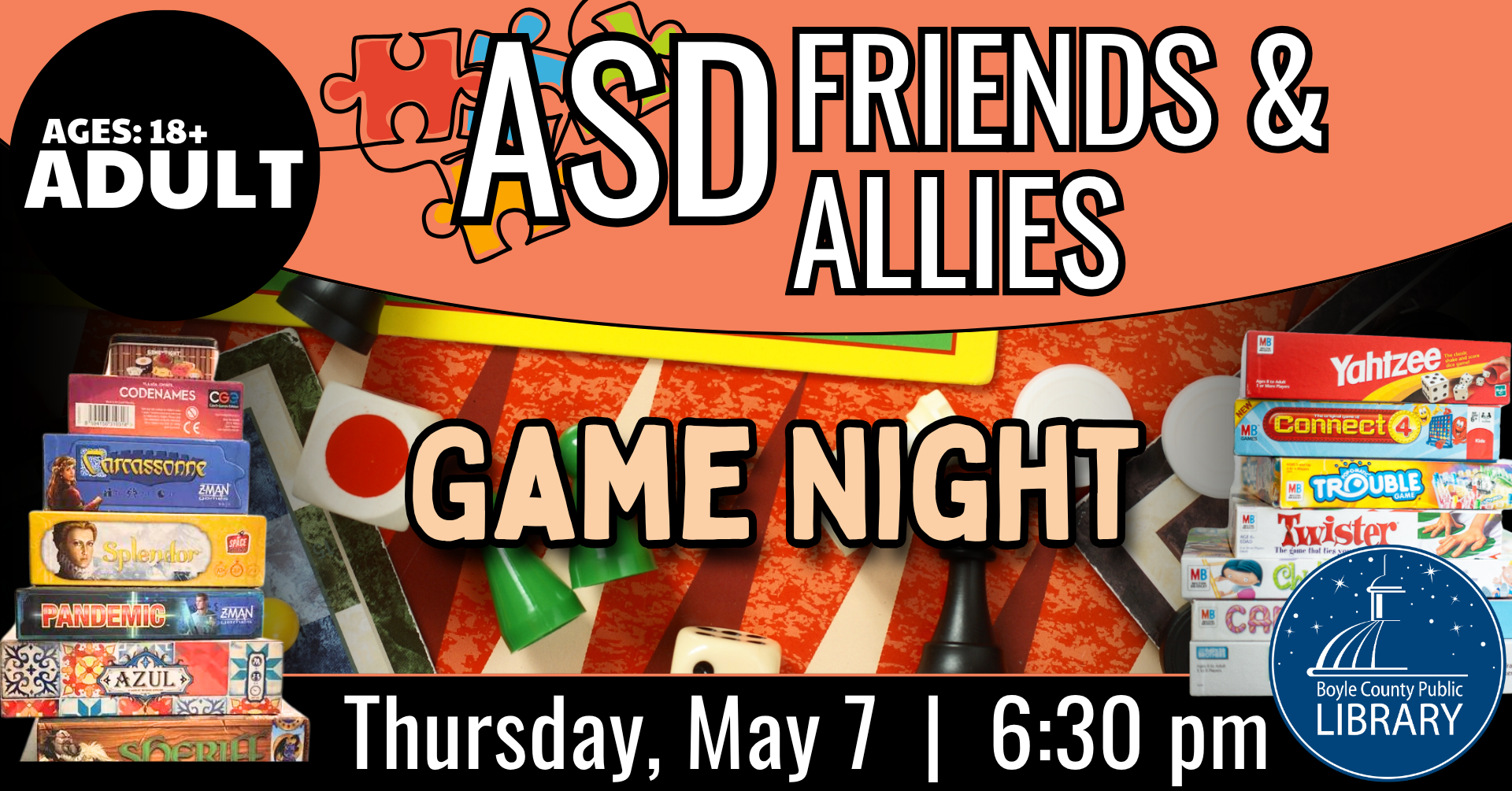 ASD Friends and Allies Game Night May 7 at 6:30 PM 