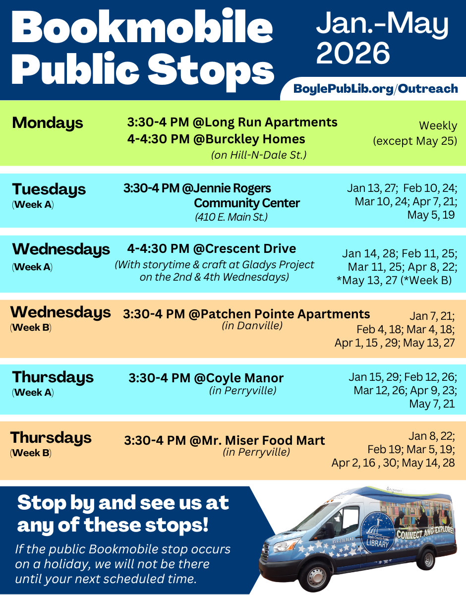Bookmobile Public Stops January to May 2026