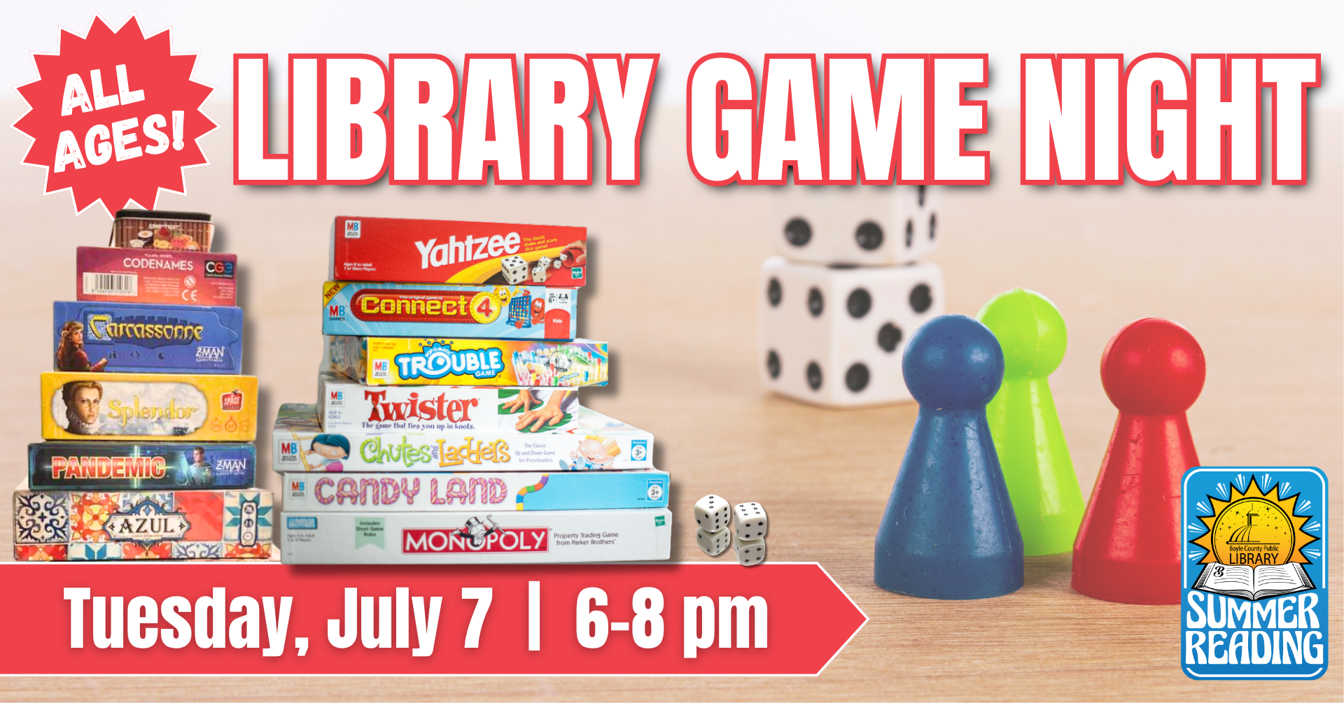 Library Game Night on July 7 from 6-8 PM