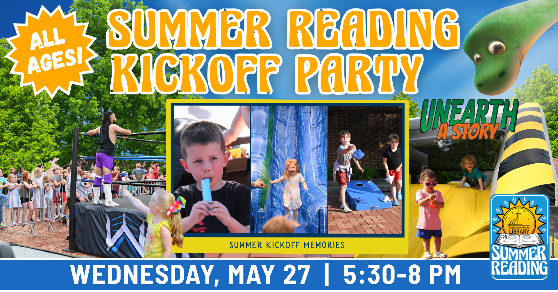 Summer Reading Kickoff Party on May 27 from 5:30-8 PM at the library