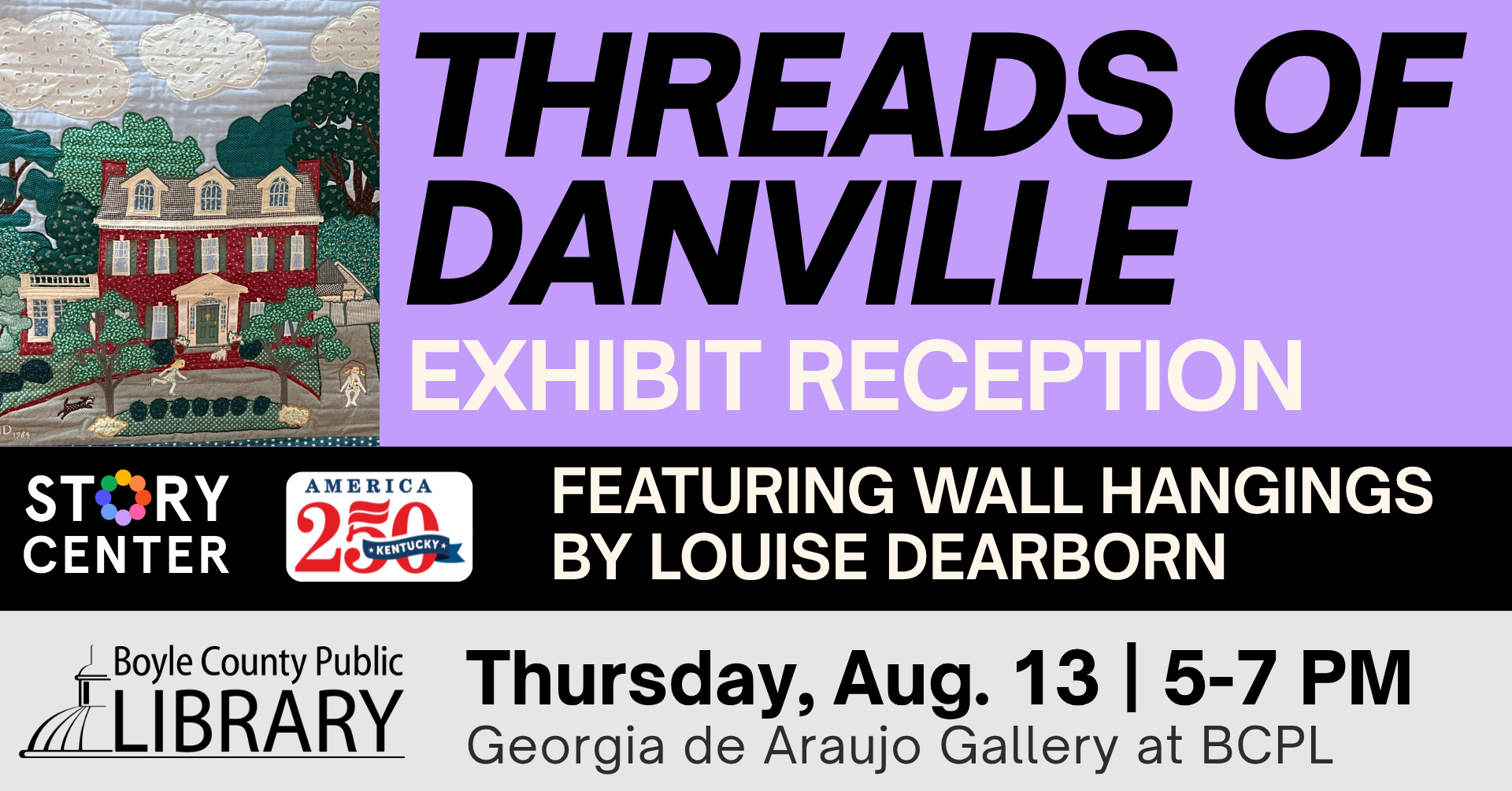 Threads of Danville Exhibit Reception featuring wall hangings by Louise Dearborn on August 13 from 5-7 PM in the Georgia de Araujo Gallery at BCPL